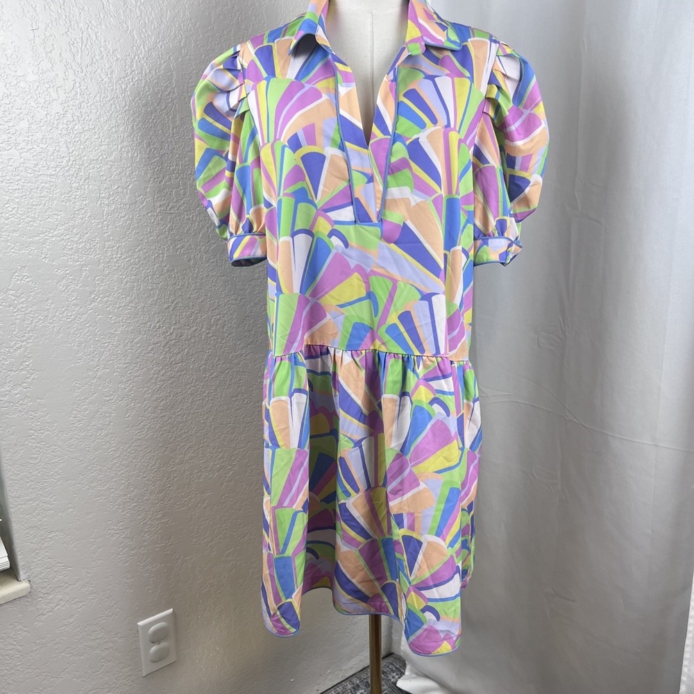 SSYS Mini Dress Womens XL‎ Colorful Fan Kendall Puff Sleeve Boho Resort Vacay